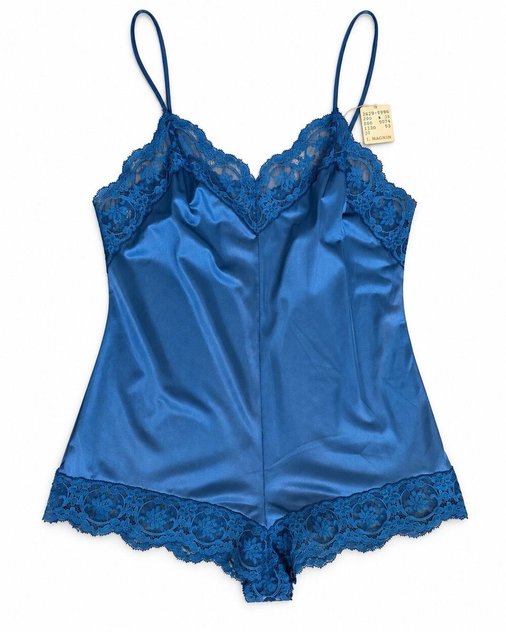 Vintage 70s Olga Teddy Romper 32 Small | Navy Lace Nylon NOS I Magnin Deadstock